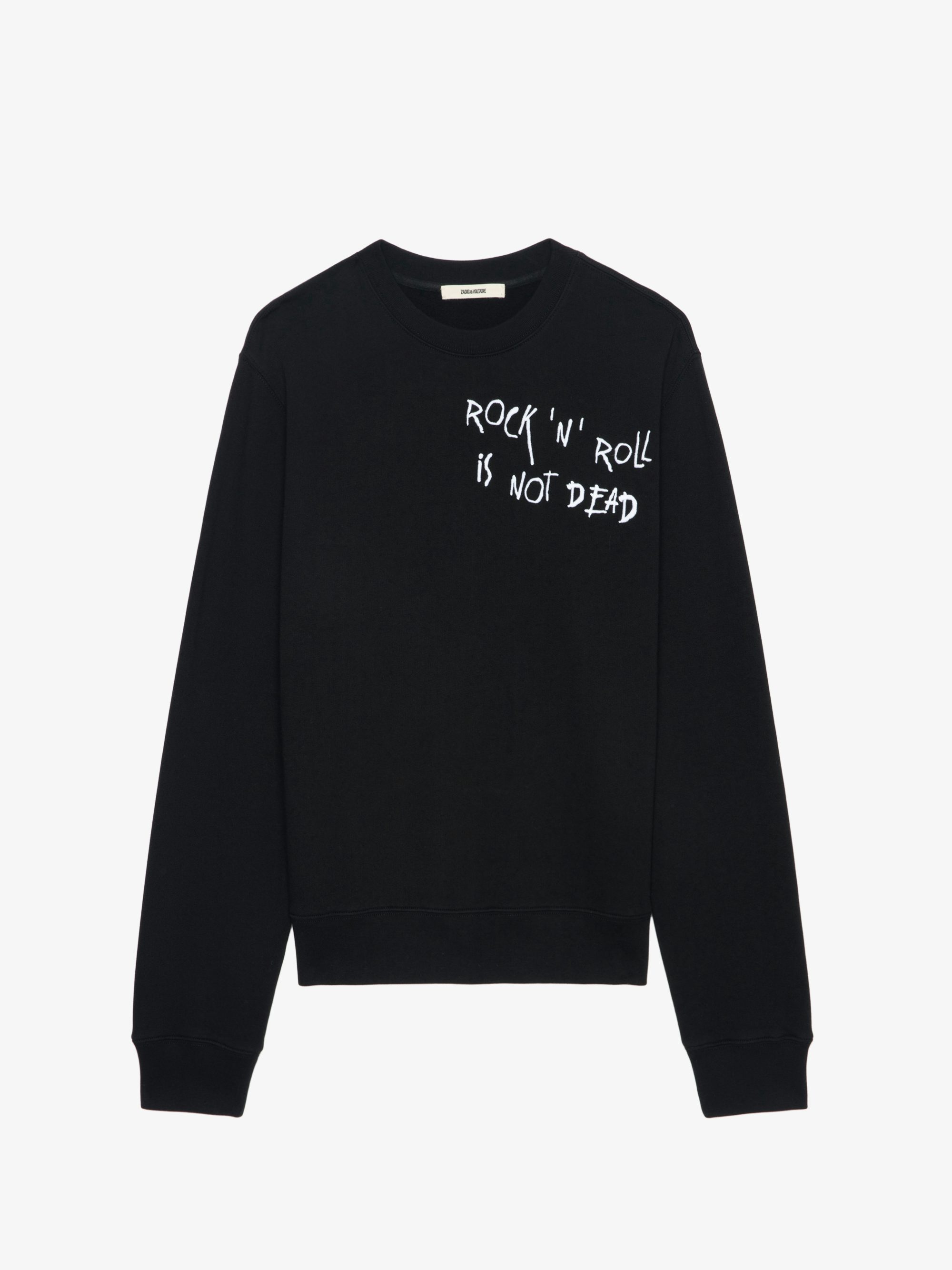 Sweatshirt Aime - Schwarzes Sweatshirt aus Bio-Baumwolle mit langen Ärmeln und "Rock'N'Roll Is Not Dead"-Stickerei.